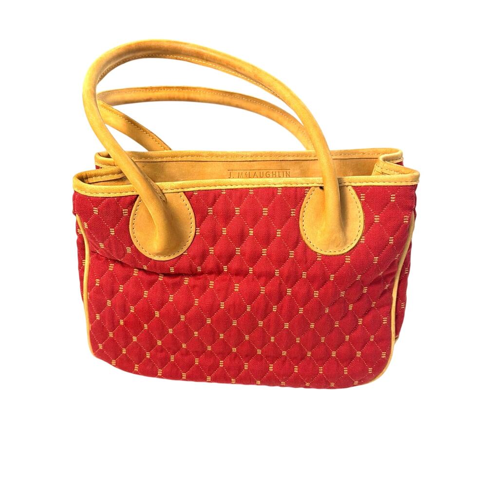 J. McLaughlin red fabric quilted purse tan leather handles and lining. handbag